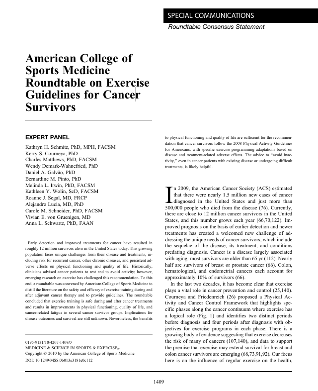 Portada del consenso del American College of Sports Medicine sobre ejercicio para supervivientes de cáncer
