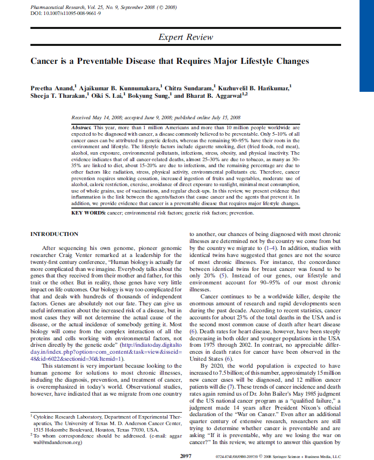 Primera página del artículo Cancer is a Preventable Disease that Requires Major Lifestyle Changes