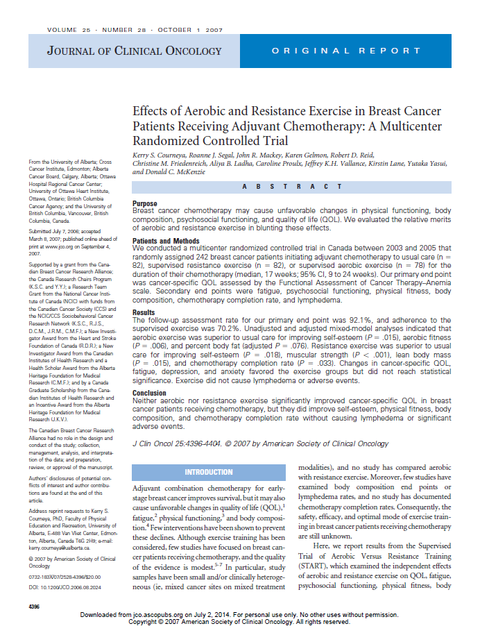 Effects of Aerobic and Resistance Exercise in Breast Cancer Patients Receiving Adjuvant Chemotherapy. Journal of Clinical Oncology, 2007.