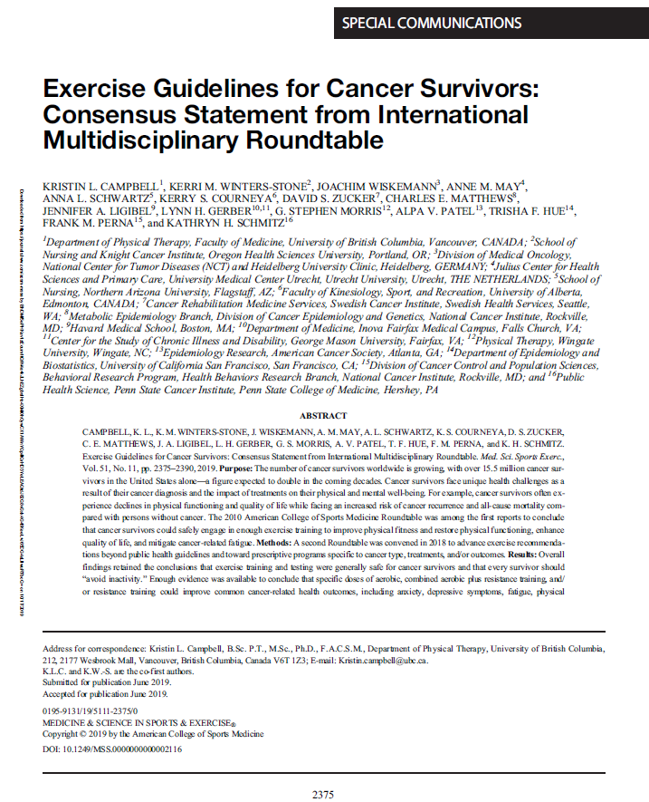 Portada del consenso internacional Exercise Guidelines for Cancer Survivors