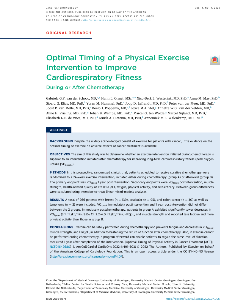 Optimal Timing of a Physical Exercise Intervention to Improve Cardiorespiratory Fitness During or After Chemotherapy. JACC: CardioOncology, 2022.